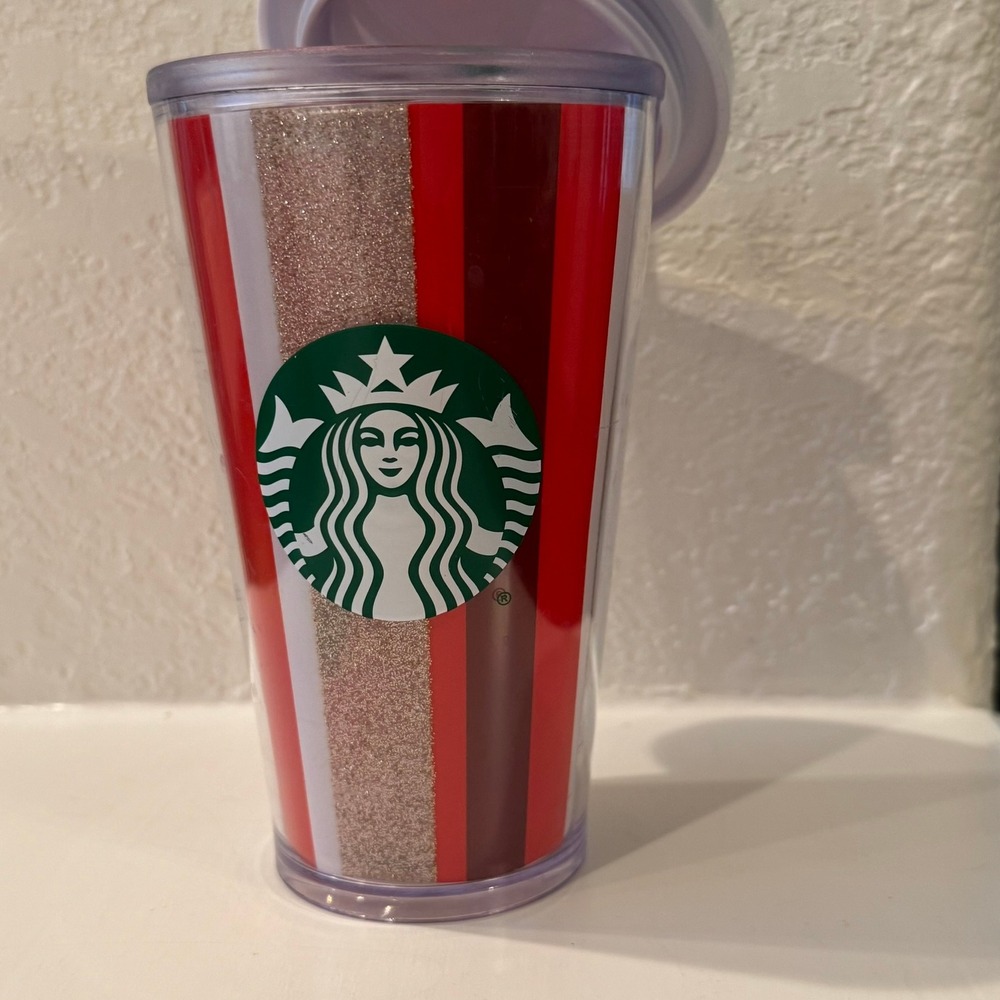 Starbucks Tumbler Cup Red White Brown Glitter Stripe Reusable Travel Mug Lid - Picture 2 of 11